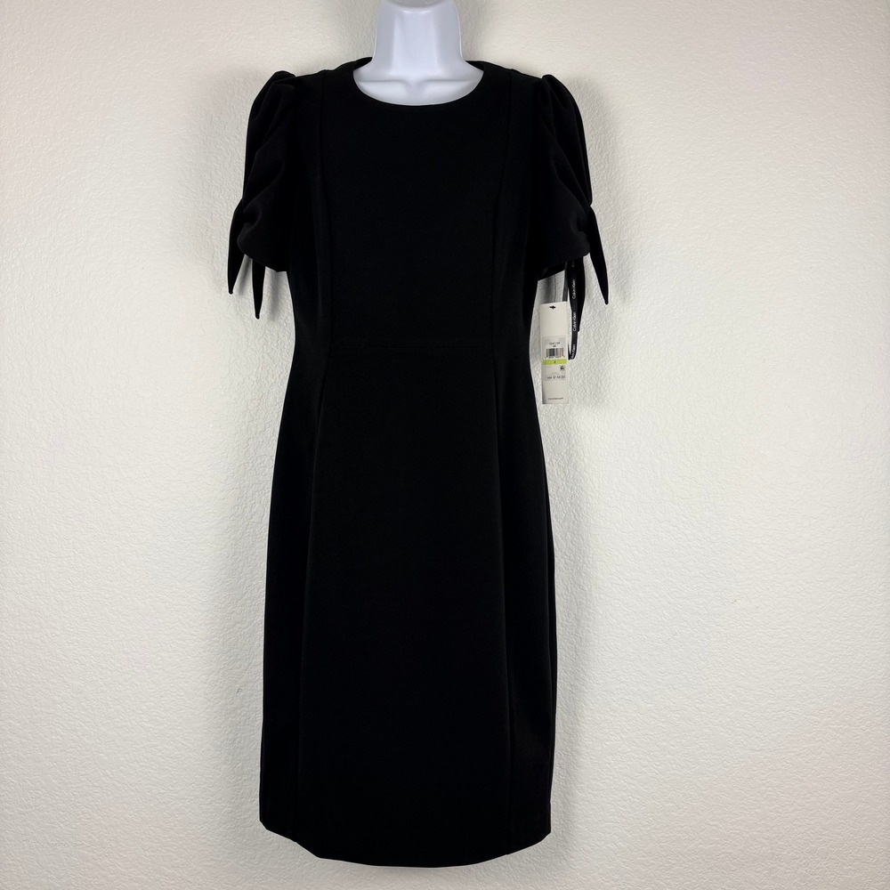 Calvin Klein Crepe Tie Cuff Sleeve Sheath Dress Black Sz 4 New Career Workwear